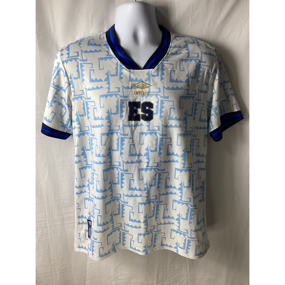 Umbro El Salvador Soccer Jersey Mens Large White Blue Geometric Pattern #18 ES